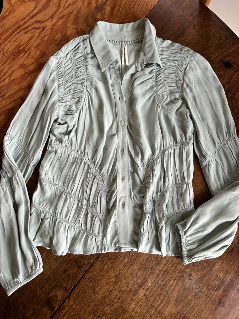 Anthropologie Womens Light Mint Green Ruched Button-Front Blouse